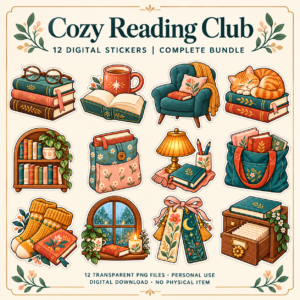 Cozy Reading Club complete bundle cover showing 12 bookish digital sticker motifs in a four-column grid.