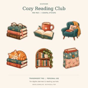Cozy Reading Club mini pack preview showing six bookish digital stickers