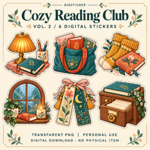 Cozy Reading Club Vol. 2 preview showing six bookish digital stickers: lamp, tote, socks, rainy window, bookmarks and library card drawer