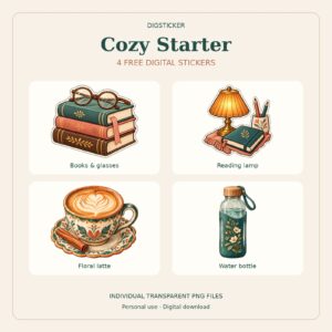 Cozy Starter free sampler showing four digital stickers: books and glasses, reading lamp, floral latte and water bottle.