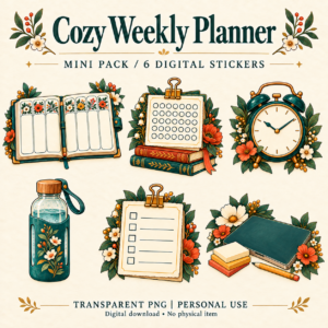 Cozy Weekly Planner - 6 Digital Stickers | Mini Pack