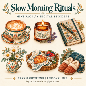 Slow Morning Rituals mini pack preview with six digital stickers: latte, candle, journal, daisies, breakfast and slippers.